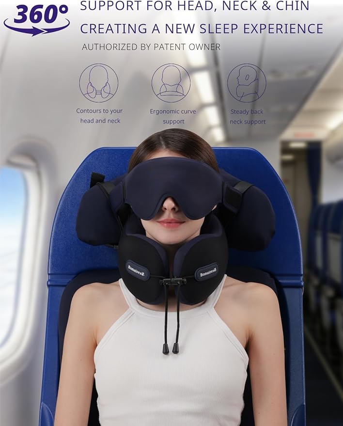 Travel Pillow, Neck Pillow Airplane with 3D Eye Mask & Seat Strap for Long Flight Sleep Road Trip, Dual-Density Supportive Foam, 360°Support Head, Neck & Chin Travel Essentials Grey & Red