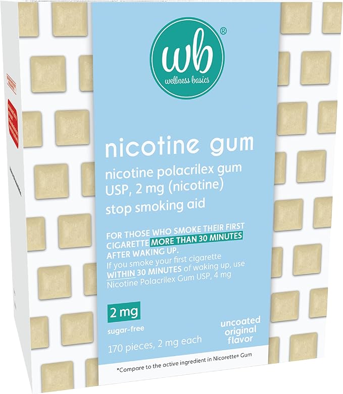 Wellness Basics Uncoated Nicotine Gum 2mg | Stop-Smoking Aid | Original Flavor | 170 Count | Reduces Withdrawal Symptoms