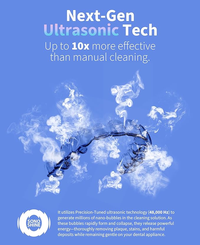 Ultrasonic Retainer Cleaner – Auto-Adjust 39-48kHz Sonic Retainer Cleaner Machine for Aligner, NightGuard, Mouth Guard, Denture & More | Easy & Quiet