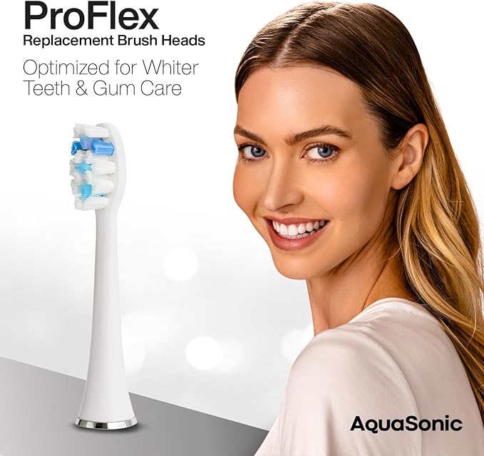 AquaSonic Genuine Proflex Replacement Brush Heads | ADA Accepted | for Whiter Teeth & Gum Care | Compatible with Many AquaSonic Toothbrush Handles (3 Pack White)