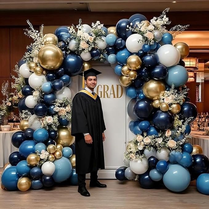 Navy Blue White Balloon Garland Double Stuffed Dusty Blue Gold Pearl White Balloons Beige Cream Balloon Arch Kit for Birthday Baby Shower Wedding Father's Day Graduation Party Decorations