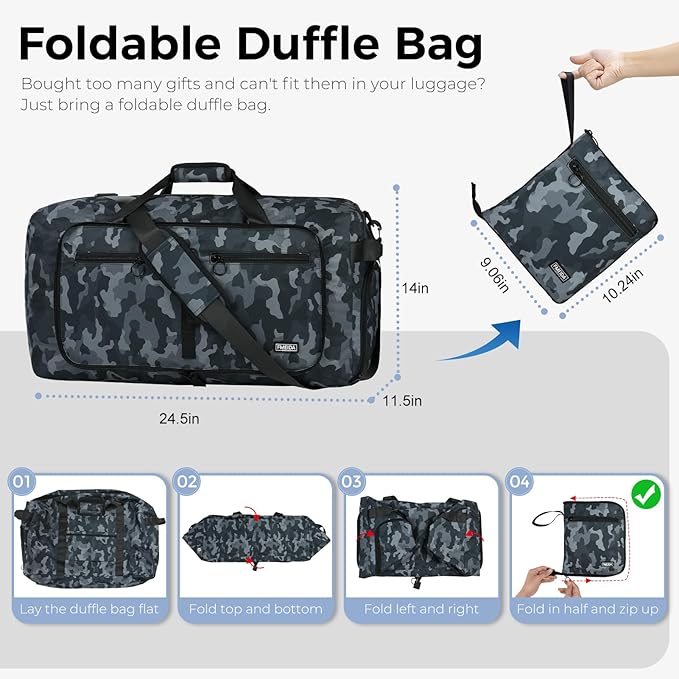 Fmeida 65L Duffle Bag with Shoes Compartment, Foldable Travel Duffel Bags for Men Women, Large Packable Travel Bag Water Repellent & Tear Resistant (BlackCamo)