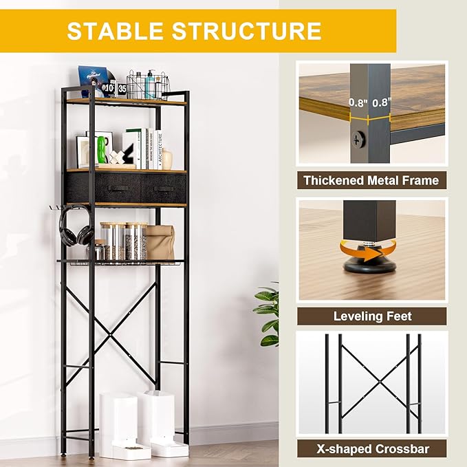 Over Toilet Bathroom Organizer with 2 Storage Cubes, 4-Tier Adjustable Metal Toilet Storage Shelves for Towels, Toilet Paper, Toiletries, Easy Assembly Freestanding Small Space Saver