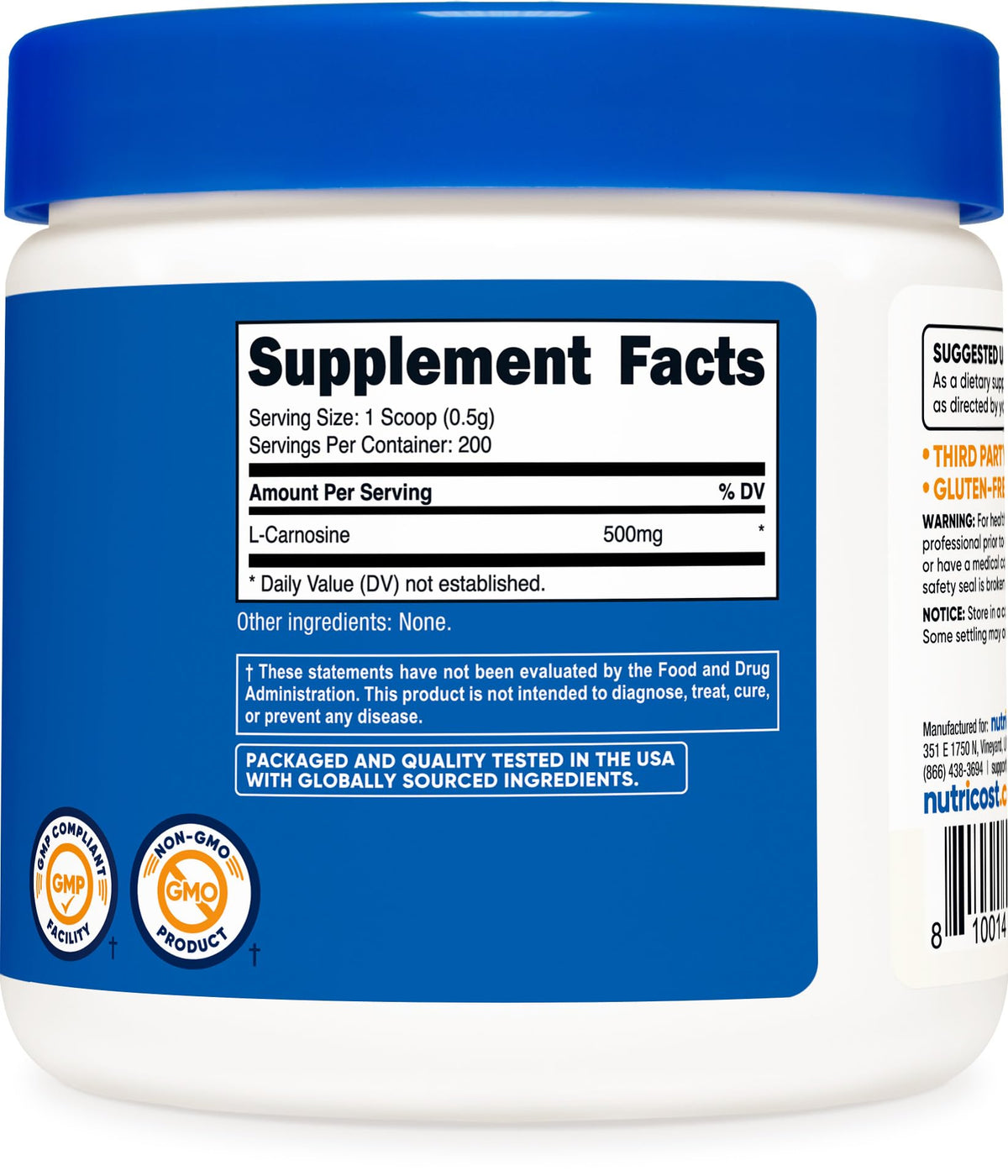 Nutricost L-Carnosine Powder 100 Grams (200 Servings) - Non-GMO