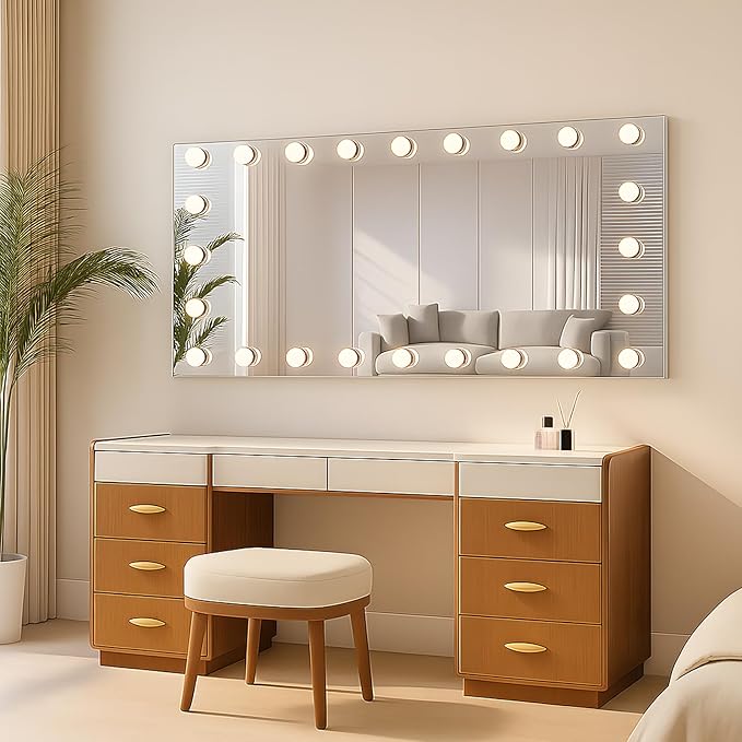 WTTY LED Bathroom Mirror with Lights 60"x30" Hollywood Wall-Mounted Mirror with 3 Color Temperatures, Stepless Dimmable Bulbs, Anti-Fog & Shatter-Proof