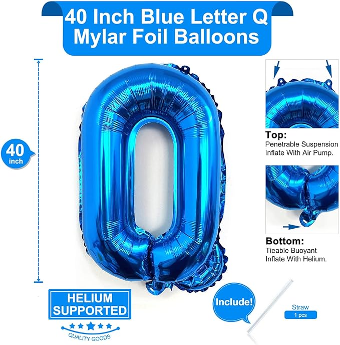 Lovoir 40 Inch Large Blue Letter Q Balloons Big Size Jumbo Mylar Foil Helium Balloon for Birthday Party Celebration Decorations Alphabet Blue Q