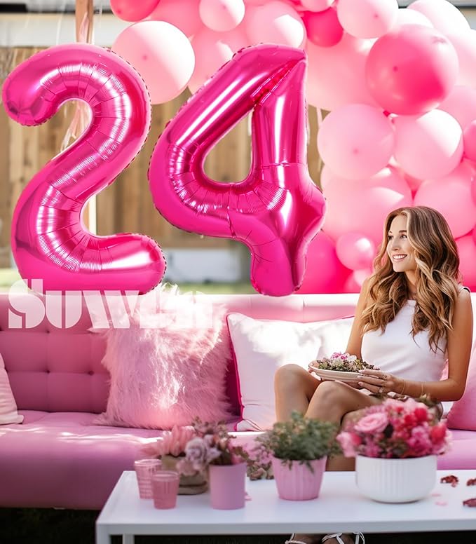 SUWEN 40 Inch Large Hot Pink 24 Number Balloons Big Foil Helium Number Balloons 0-9 Jumbo Happy 24th Mylar Birthday Party Decorations for Women 42 Anniversary Party Supplies