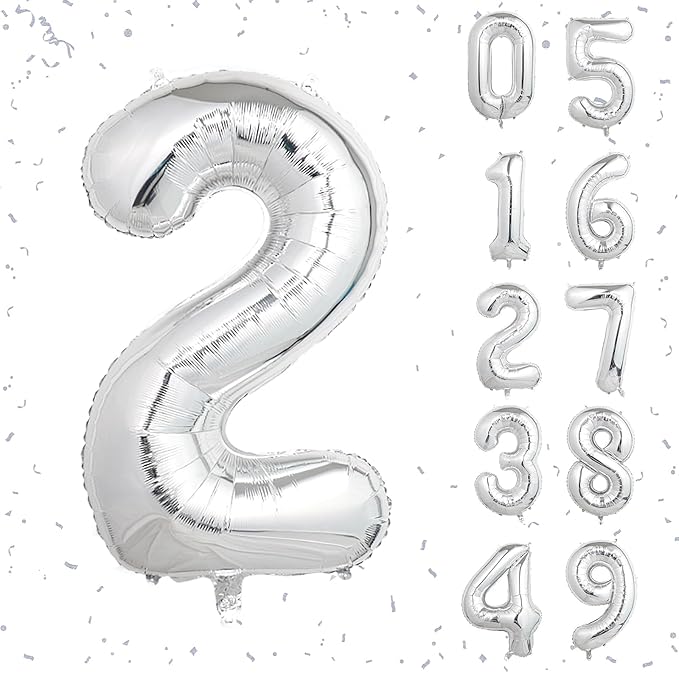 40 Inch Silver Number Balloons, Helium Mylar Foil Number Balloons for Birthdays, Number 2 Balloon for Party Wedding Bachelorette Birthday Bridal Shower Anniversary Celebration Party Decorations