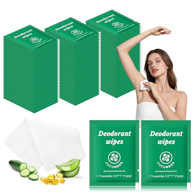Travel Deodorant Wipes Individually Wrapped,Body Wipes to Clean Skin for Women Men（Cucumber,pack of 50)