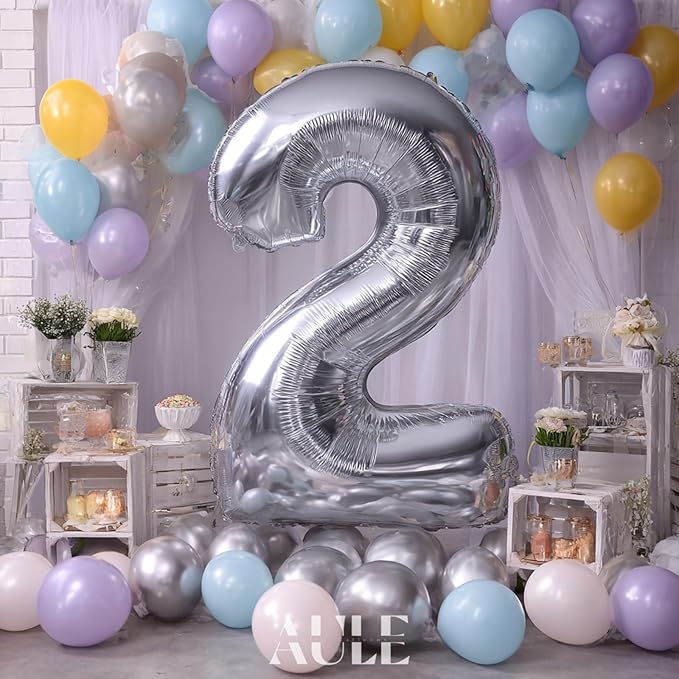 AULE 40 Inch Big Silver 2 Balloon Number Large Foil Helium Number Balloons 0-9 Jumbo Giant Happy 2nd Birthday Party Decorations for Boy or Girl Huge Mylar Anniversary Party Supplies
