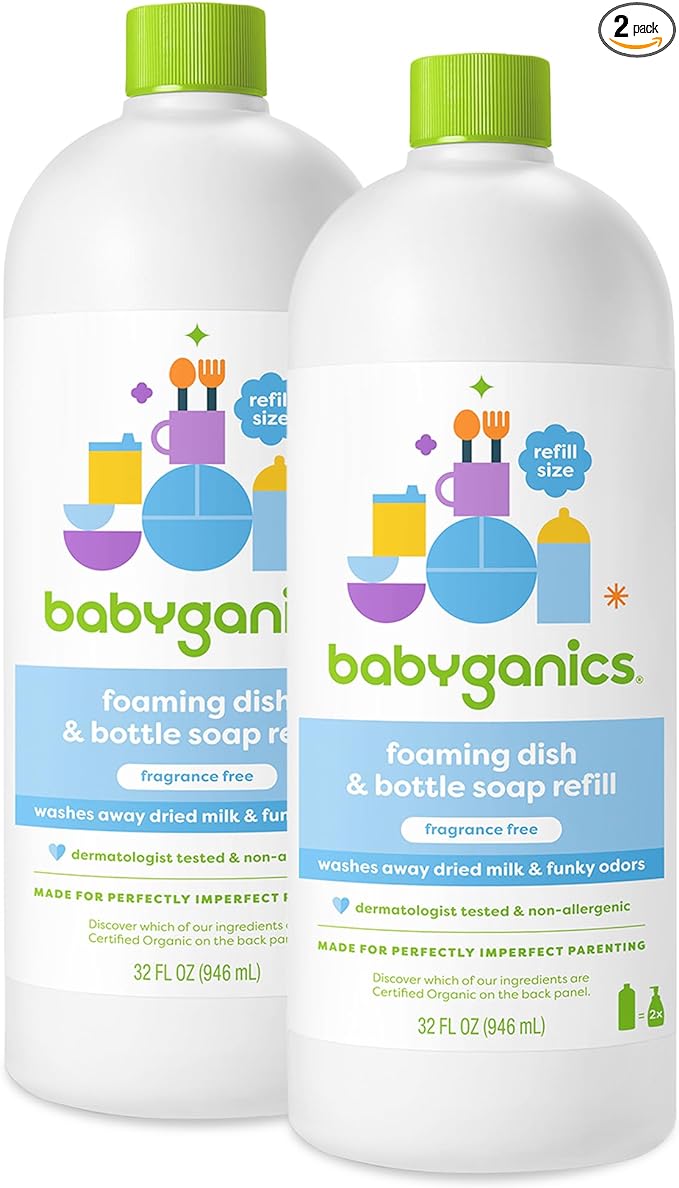 Babyganics Foaming Dish & Bottle Soap, Fragrance Free, Plant-Derived Cleaning Power, Removes Dried Milk, 32 Fl Oz (Pack of 2), Packaging May Vary