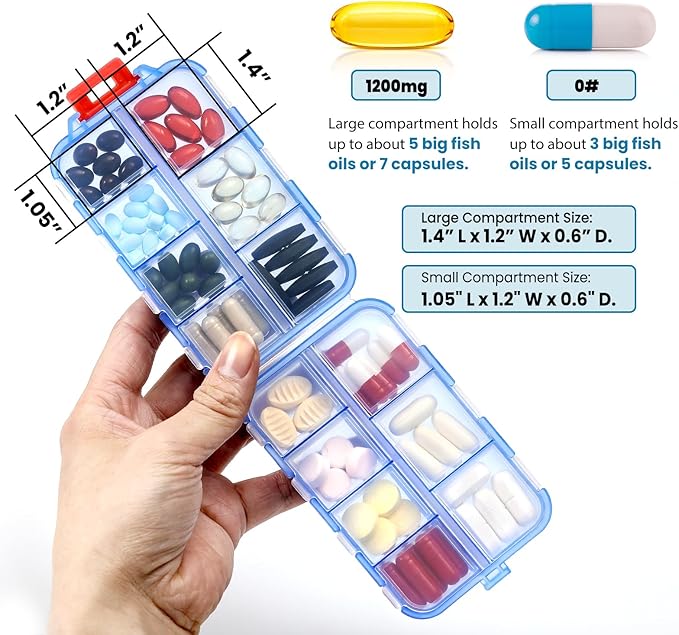 14 GRIDS Travel Pill Organizer Box with Labels - Travel Medicine Case Kit - Pocket Daily Pharmacy Container - Travel Medication Holder Dispenser for Fish Oil Vitamin Supplement Storage - Clear Blue