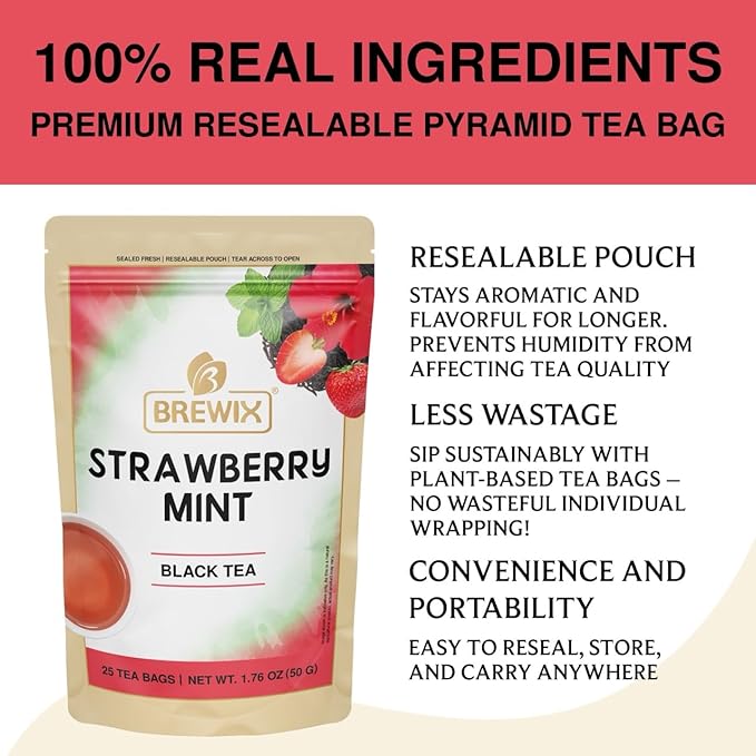BREWIX, Strawberry Mint Tea Bags (25 Plant Based Tea Bags), Made with - Black Tea, Hibiscus, Spearmint, Fennel, Strawberry | Caffeinated & Sugar-Free