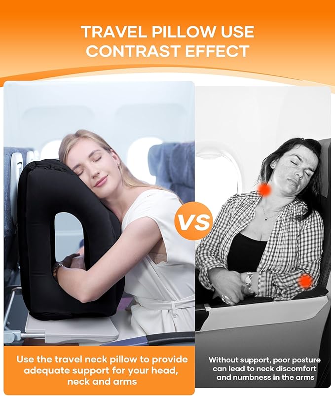 Sunany Travel Pillow, Upgraded Plane Pillow for Long Flights, Inflatable Neck Pillow Used for Airplanes,Cars,Buses,Trains,Office Napping with Eye Mask,Earplugs (Black)