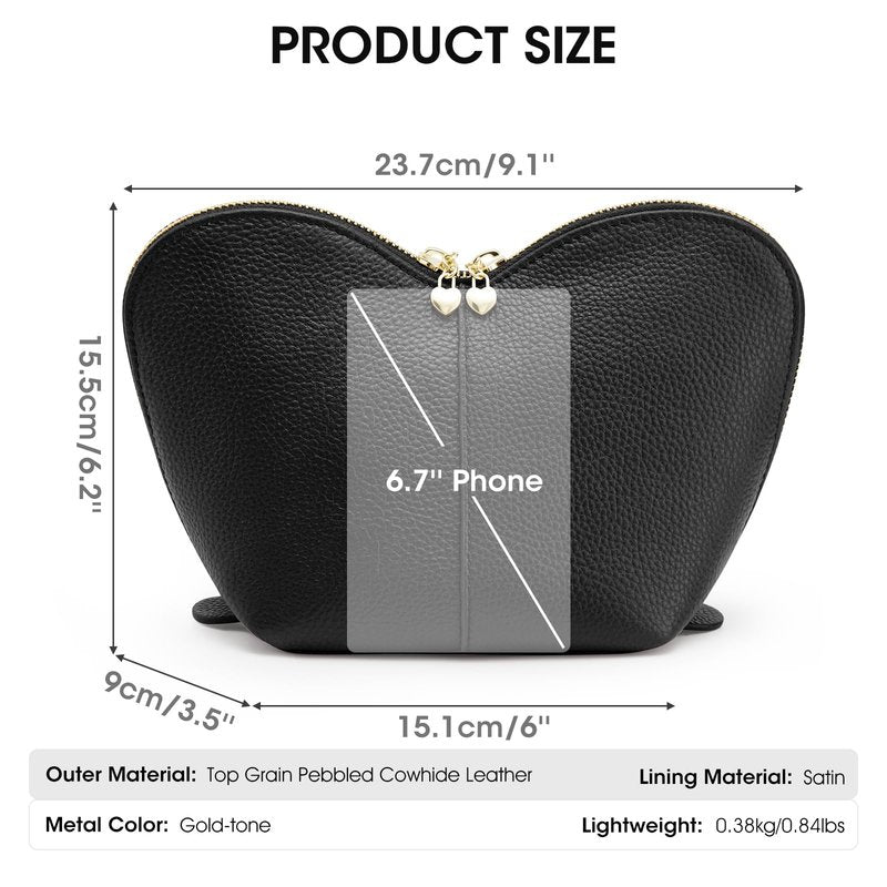 Kattee Leather Makeup Bag, Travel Large capacity Comestic Bag for Women, Heart Shaped Portable Organizer Toiletry Bag for Working, Black