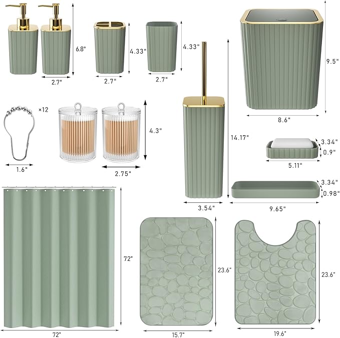 Bathroom Accessories Set - 25PC Sage Green Bathroom Set, Bathroom Set with Shower Curtain and Rugs, Sage Green Shower Curtain Set, Bathroom Accessory Set, Trash Can & Soap Dispenser