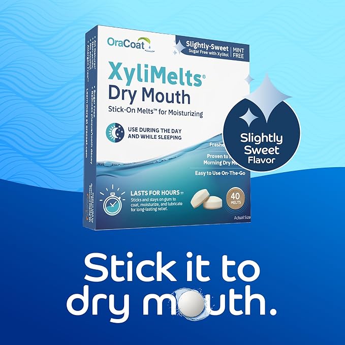 Oracoat XyliMelts for Dry Mouth Night Time or Day - Moisturizing Dry Mouth Adhering Discs, Sugar Free with Xylitol, 40 Count, Slightly-Sweet Flavor, 8-Hour Relief