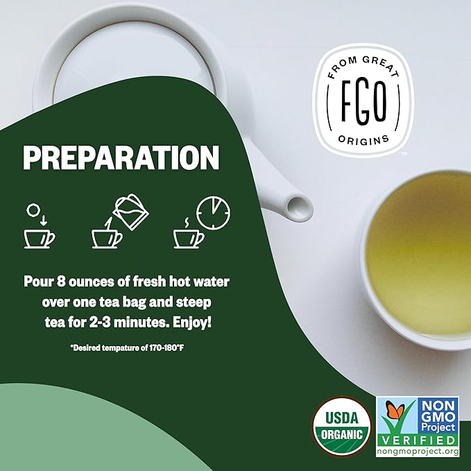FGO Organic Green Tea, 100 Count Eco-Conscious Tea Bags, Caffeinated, Resealable Pouch, Packaging May Vary (Pack of 1)