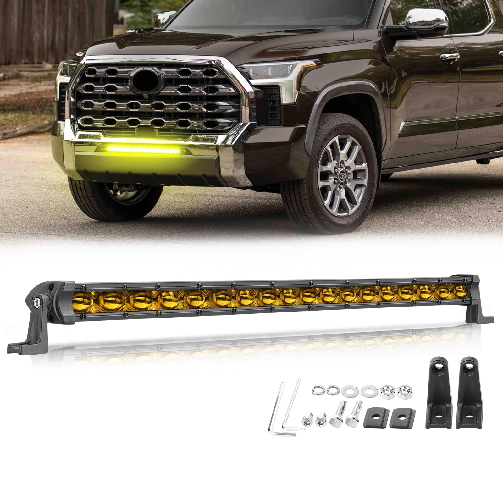 20 Inch LED Light Bar Yellow, Niwaker 108W Slim Single Row Light Bar Flood LED Driving Work Lights Yellow Fog Lamps Waterproof B