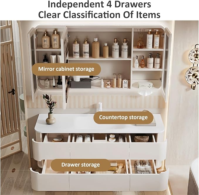 72IN Bathroom Vanity - Bathroom Vanity with Sink with Intelligent Induction Light | Wall-Mounted Bathroom Vanity with Intelligent LED Mirror Cabinet & 6 Drawers, Cream Color