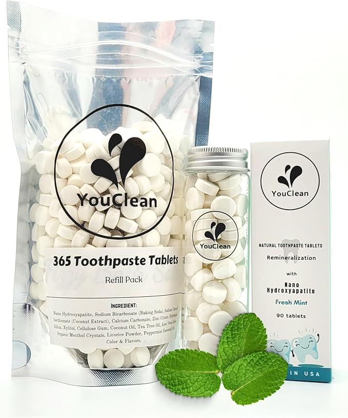 90 toothpaste tablets in Refill/Recycle Glass Tube - For Travel and Daily Home Office Use - Nano Hydroxyapatite, Fluoride-Free, Vegan (Mint)