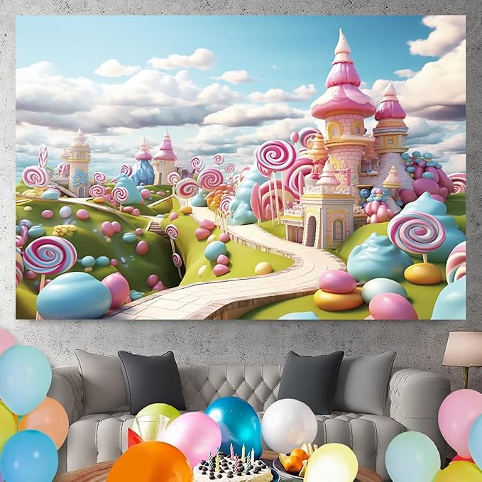 8x6ft Candyland Backdrop Fantasy Sweet Candy Castle Cream Photography Background Candyland Theme Boys Girls Birthday Party Decorations Banner Photo Studio Props