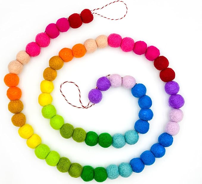 Colorful Wool Felt Ball Banner Garland, Handmade Rainbow Pom Pom Garland for Mantle, Wall, Table Centerpiece | Spring Decorations for Birthday, Christmas Home Kids Playroom Decor 6.56 Ft 60 Balls