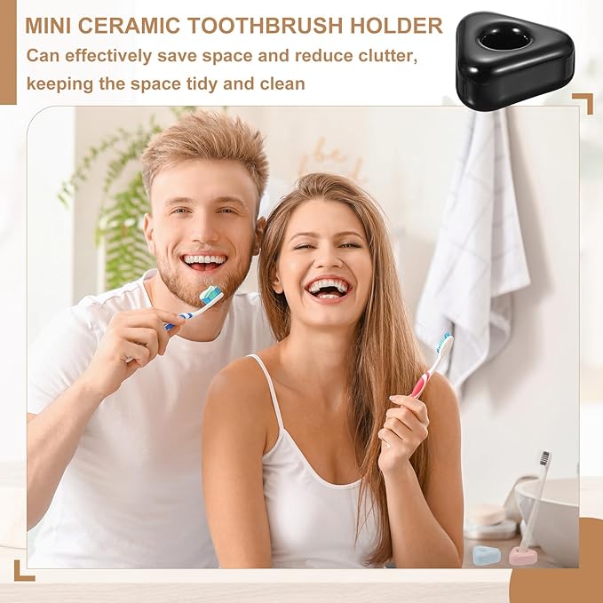 uxcell 2 Pcs Mini Ceramics Toothbrush Holder Stands, Sleek Mini Countertop Toothbrush Triangle Shape Ceramic Holder Stand for Bathroom Vanity Countertops, Yellow