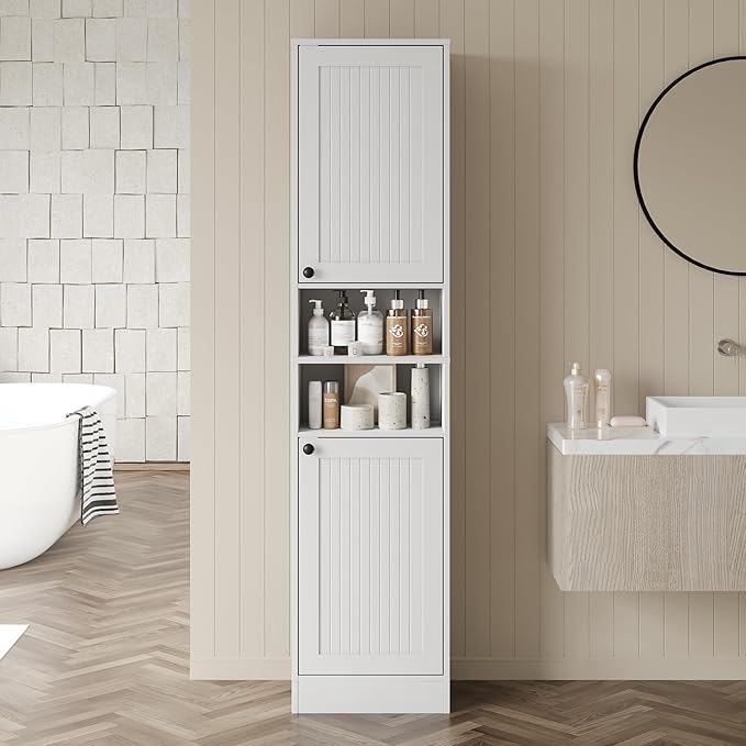 Farmhouse Bathroom Cabinet with 2 Doors, 67" Tall Slim Freestanding Cabinet, Narrow Floor Storage Unit with Open Shelf and Adjustable Shelves for Bathroom, Living Room, Kitchen, White