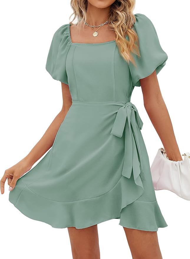 Sampeel Womens Summer Dresses Square Neck Puff Sleeve Tie Waist Short Dress