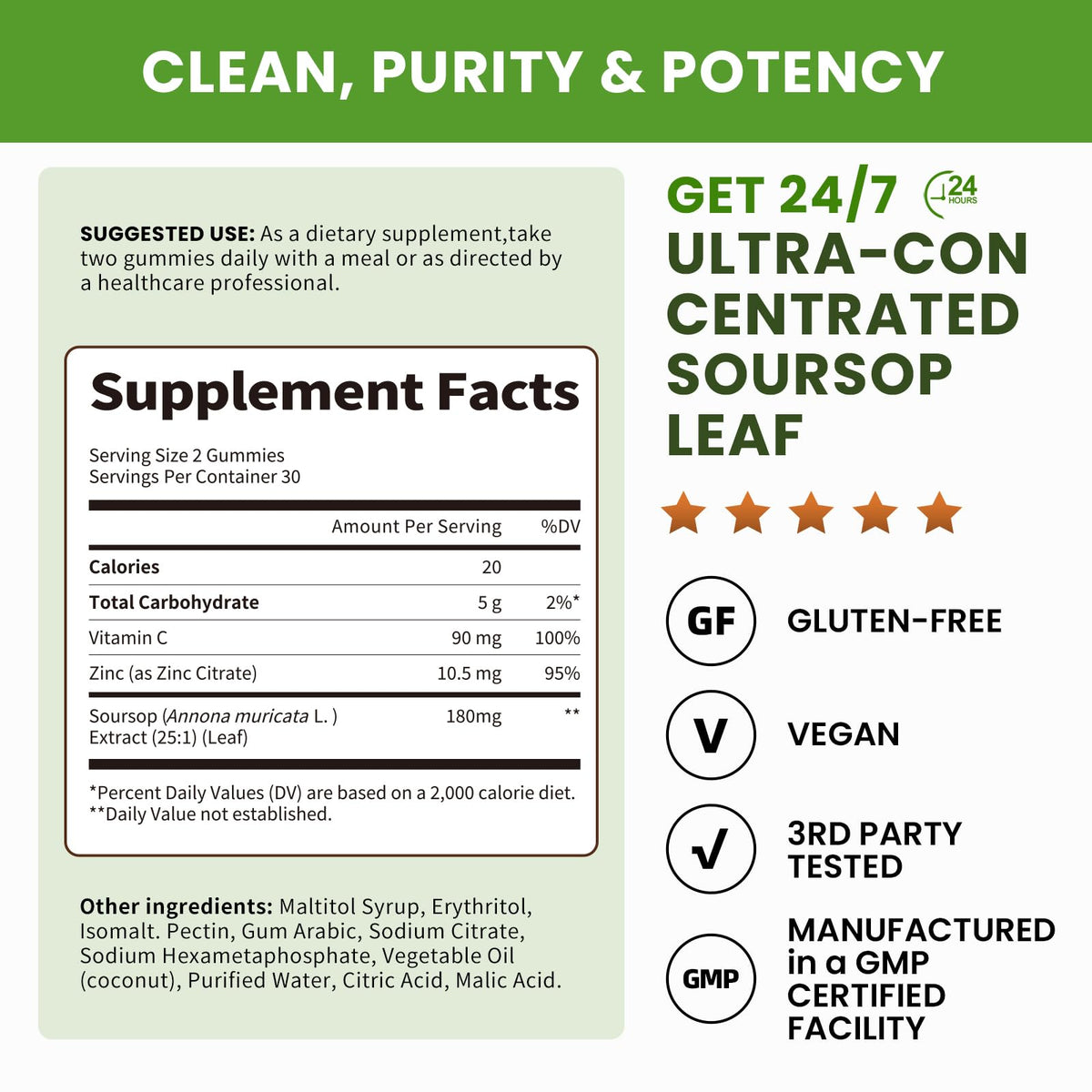 (2 Pack) Soursop Graviola Gummies - Concentrated Soursop Leaves Extract w/Vitamin C, Zinc & Whole Natural Food for Immunity, Liver, Calming & Antioxidant, Sugar Free, Gluten Free, Vegan, 60 Gummies