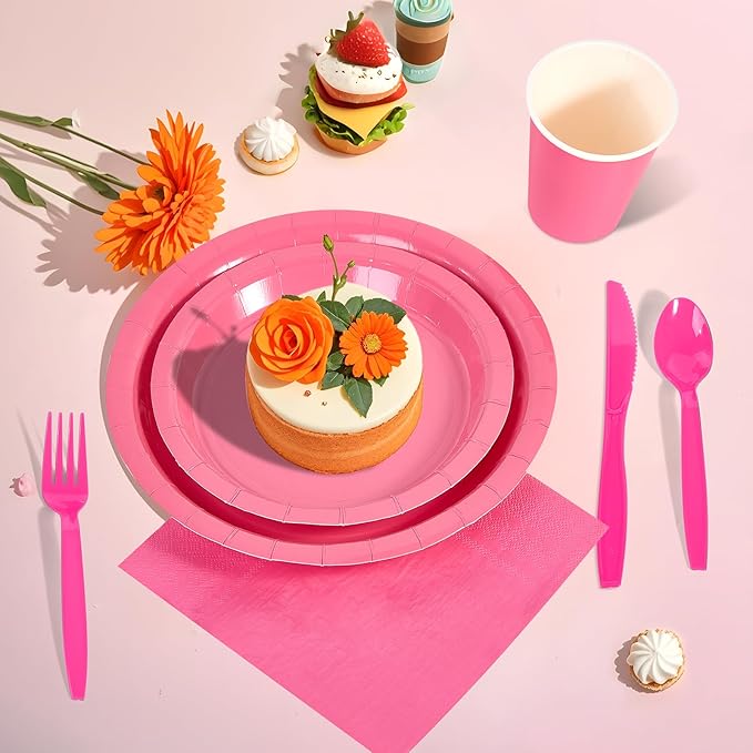 Ottin 169PCS Hot Pink Party Supplies for 24 Guests – Disposable Paper Plates, Napkins, Cups, Forks, Knives, Spoons & Tablecloth for Birthday, Wedding, Halloween, Thanksgiving, Christmas, and New Year