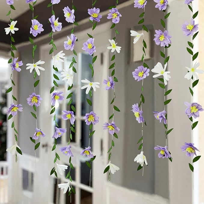 2PCS Paper Flower Garland, Paper Leaves Banner Vine Flowers with Green Leaves Crepe Flower Garland Decorations for Wall Anniversary Wedding Birthday Arch Decor-Purple