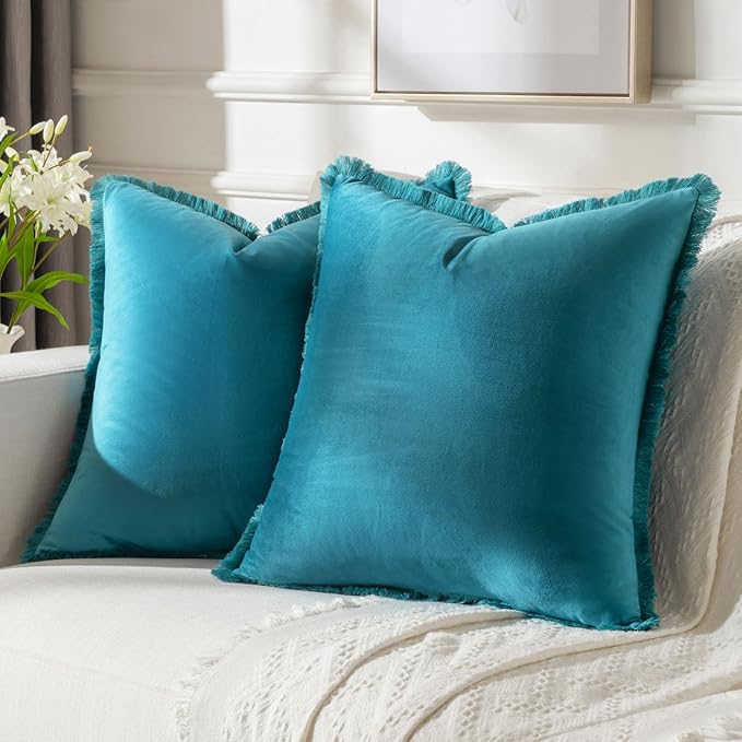 FUTEI Teal Velvet Decorative Throw Pillow Covers 26x26 Set of 2,Soft Cozy Edge with Tassels Euro Pillow Shams,Boho Modern Home Decor for Couch Bed Living Room