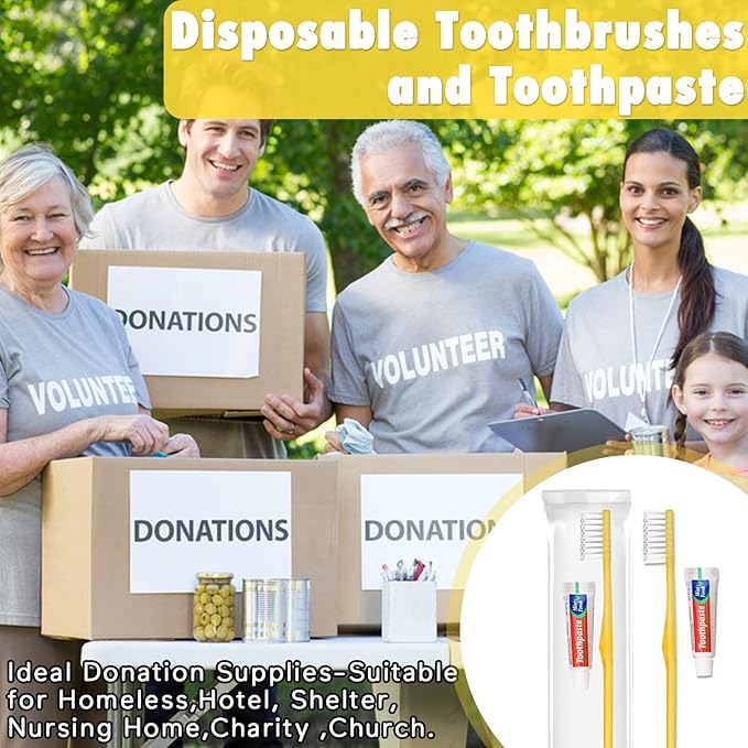 HOFASON Disposable Toothbrushes with Toothpaste Pack of 20, Yellow Hollow Travel Toothbrush Set with 5g Toothpaste Bulk Individually Wrapped for Homeless, Nursing Home, Shelter, Hotel