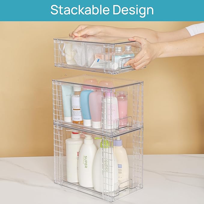 Vtopmart 6 Pack Clear Stackable Storage Drawers,Easy to Assemble Bathroom Organizers and Storage with handles,Plastic Drawers for Kitchen Pantry,Cabinet,Under Sink Organization