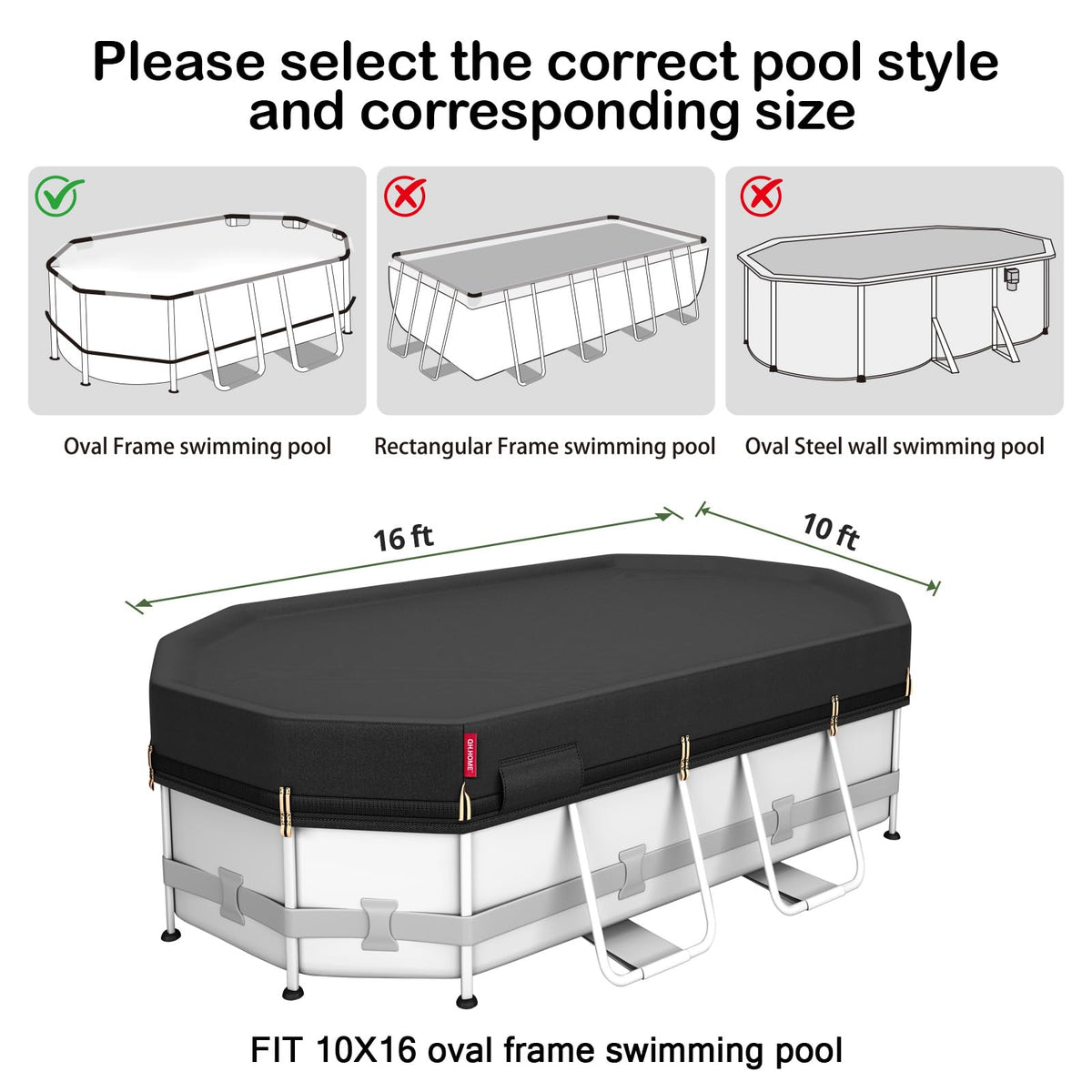 QH.HOME 10x16Ft Oval Pool Cover,Super Windproof Ratchet Straps (1,500lb Break Strength)-Effective Installation/Removal,Pool Cover for Above Ground Pools,Snug Fit,Blocks Leaves, Sun & Water