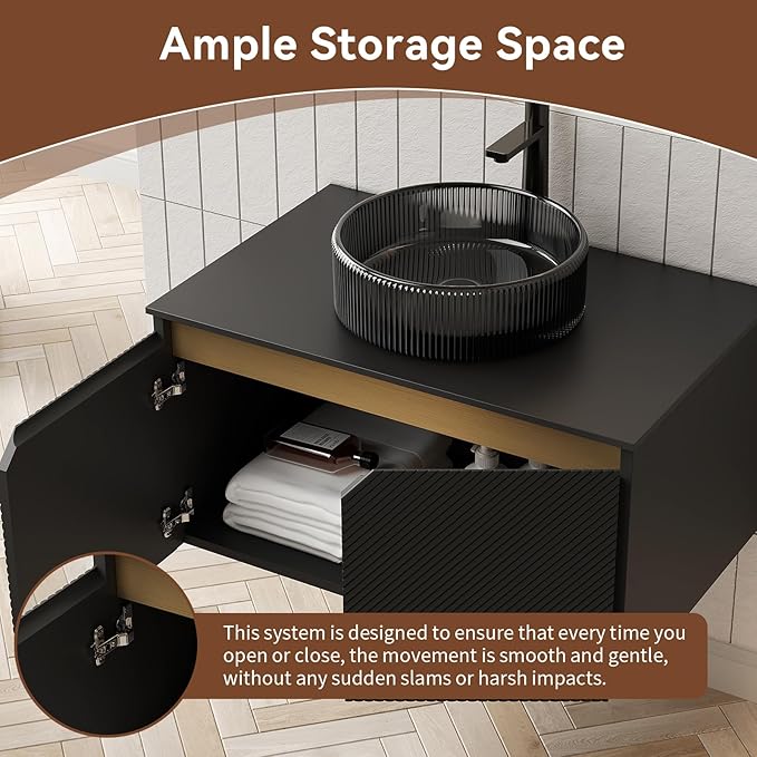 30 Inch Bathroom Vanity with Sink, Floating Fluted Vanity with Vessel Sink, Modern Bathroom Vanity Cabinet with 2 Doors with Metal Trim, Round Glass Sink & Sintered Stone Top, Black