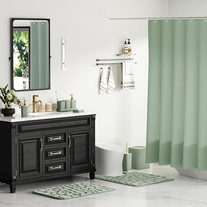 Bathroom Accessories Set - 25PC Sage Green Bathroom Set, Bathroom Set with Shower Curtain and Rugs, Sage Green Shower Curtain Set, Bathroom Accessory Set, Trash Can & Soap Dispenser