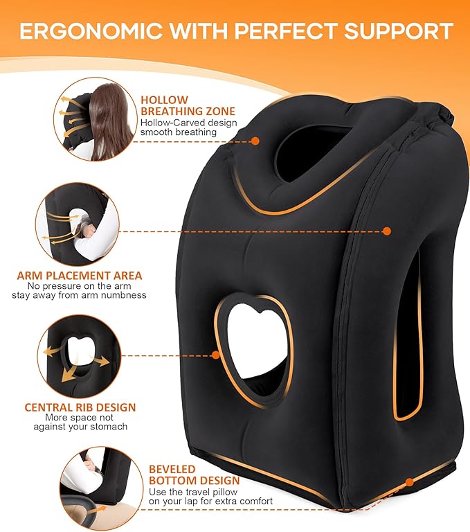 Sunany Travel Pillow, Upgraded Plane Pillow for Long Flights, Inflatable Neck Pillow Used for Airplanes,Cars,Buses,Trains,Office Napping with Eye Mask,Earplugs (Black)