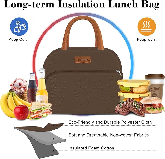Coobiiya Lunch Bag Women, Lunch Box for Women Adult Men, Small Leakproof Cute Lunch Tote Large Capacity Reusable Insulated Cooler Lunch Container for Work/Office/Picnic/Travel-Brown