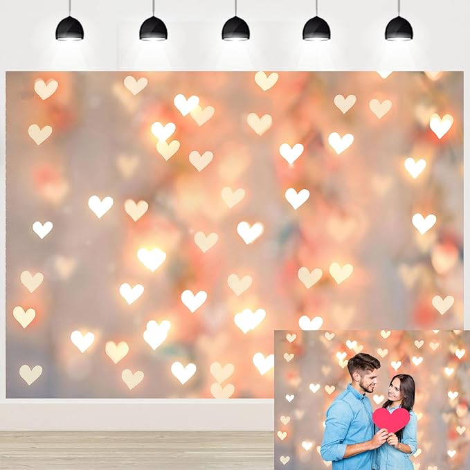 Romantic Anniversary Backdrop Banner 7x5ft Gold Heart Light Decorations for Couples Date Night Wedding Engagement Birthday Party Photo Booth Background (82x59inch)