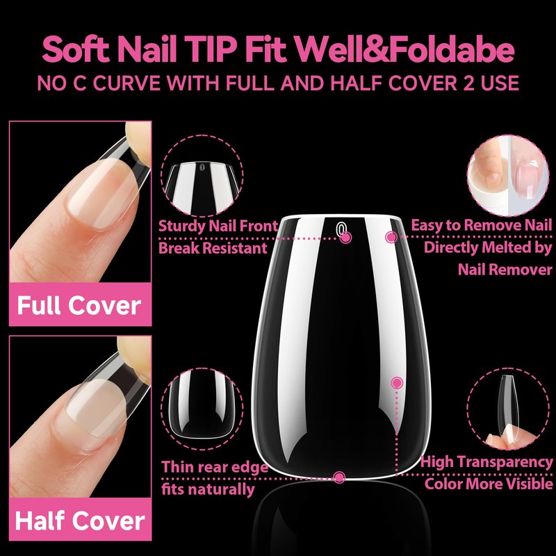 UNA GELLA Short Coffin Nail Tips 216pcs Short Coffin Gel Nail Tips 12 Sizes Full Cover Soft Gel Clear Fake Nails Extension for Home DIY Salon