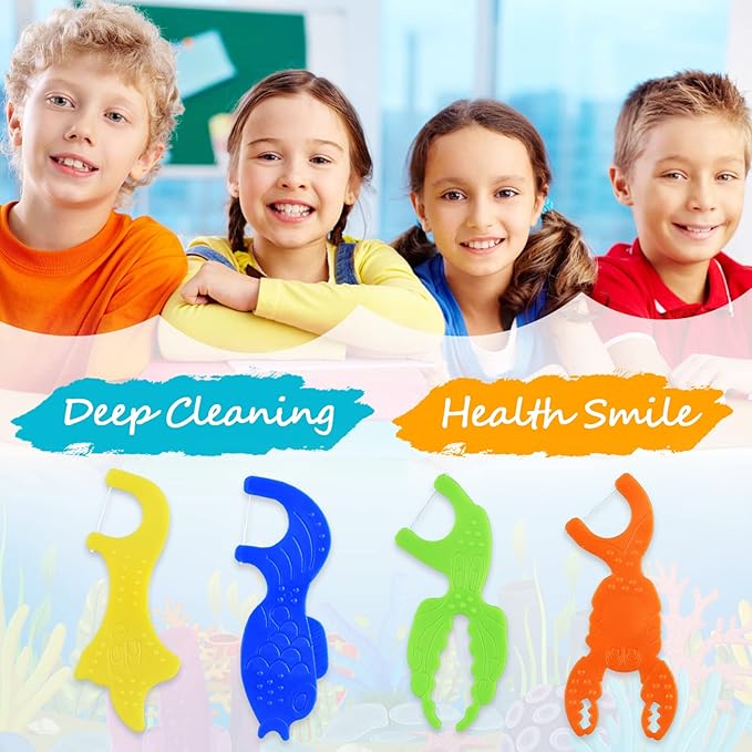 Kids Flossers, Kids Dental Floss Picks Without Fluoride, Unflavored, 4 Colors Ocean Animals Shaped Makes Flossing Fun, 50 Count (Pack of 4)