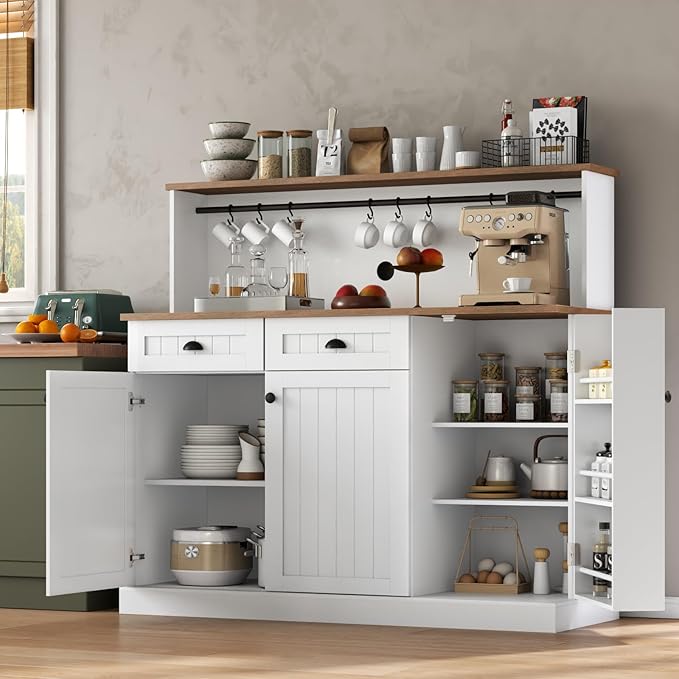 Sideboard Buffet Cabinet with 2 Drawers, Farmhouse Kitchen Pantry with Adjustable Shelves, Coffee Bar Cupboard Cabinet with 3 Doors for Kitchen, Dining Room (White)