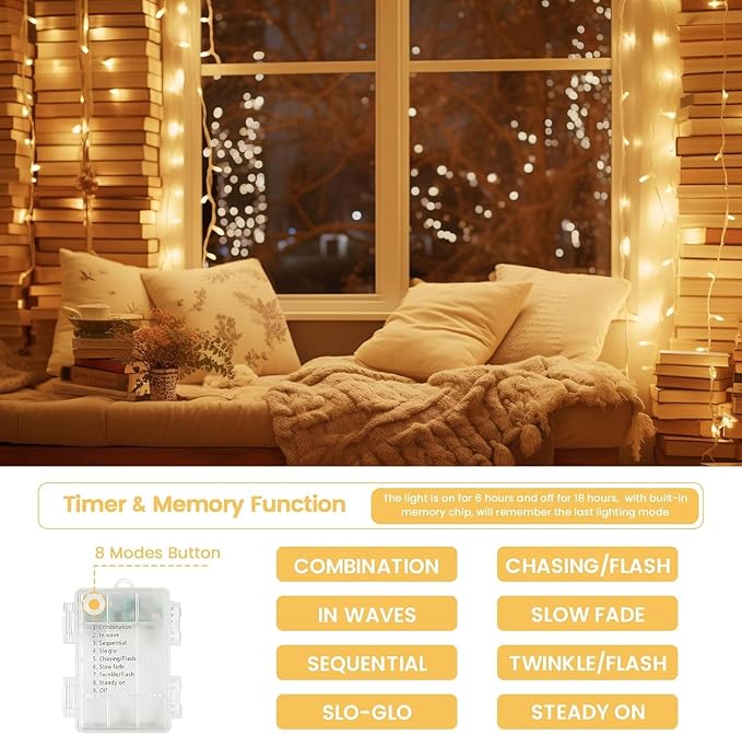 2 Pack String Lights Battery Operated with Timer, 33FT 100 LED Waterproof Battery Twinkle Lights, 8 Modes Fairy Light for Indoor & Outdoor Party Bedroom Porch Tree Christmas Decorations (Warm White)