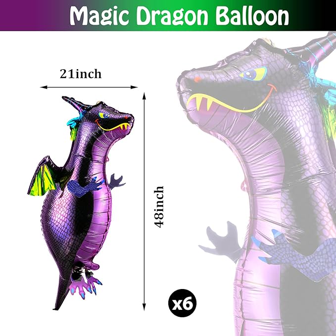 Sumind 6 Pieces Dragon Balloons Aluminum Foil Flying Magic Dragon Balloons for Medieval Theme Birthday Baby Shower Fantasy Party Supplies