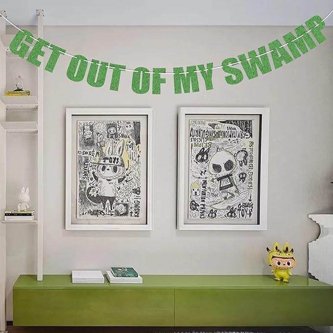 Pre-Strung Party Decorations Get Out of My Swamp Bunting Banner Green Glitter Birthday Funny Housewarming Party Decor
