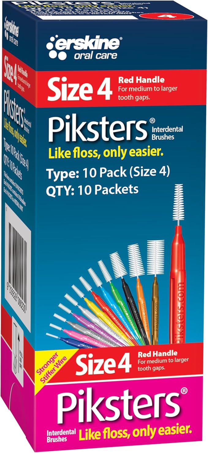 Piksters Interdental Brushes, Size 4, 100 Count (10 x 10 Packs), Interdental Tooth Brush for Medium to Large Gaps, Gum Soft Bristles for Plaque Removal, Safe for Braces (100 pk)