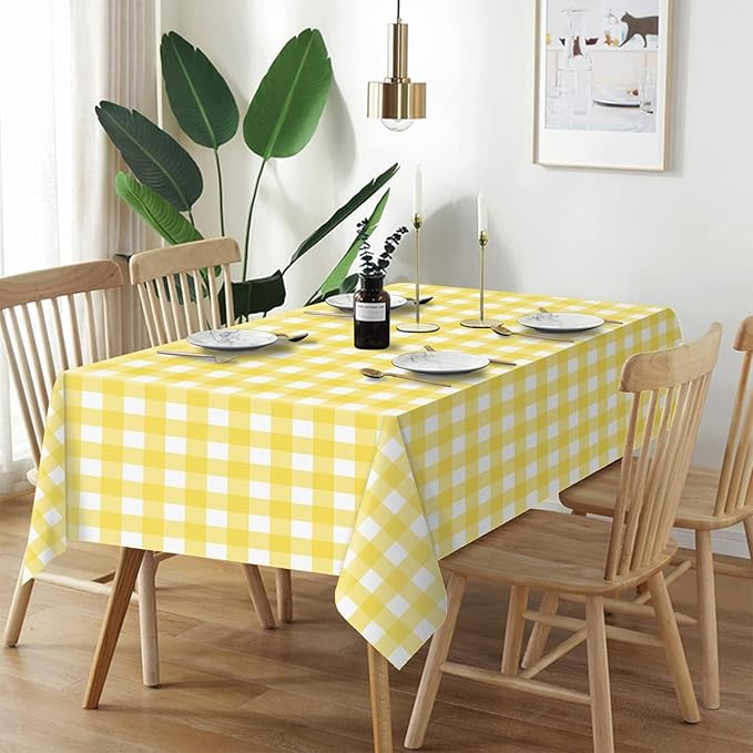 QIKSION Yellow Gingham Tablecloth Disposable 2 Pack, 54 x 108 Inch Yellow and White Checkered Table Cloth for Easter Decorations, Birthday Party Supplies, Rectangle, Plastic Table Cover